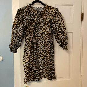 Ganni Cotton Leopard Collar Mini Dress Puff Sleeve DK42 10 VGUC
